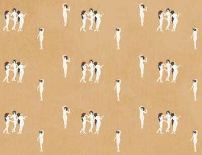 Tender girls in flower crowns patterned modern wallpaper on the orange background