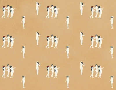 Tender girls in flower crowns patterned modern wallpaper on the orange background