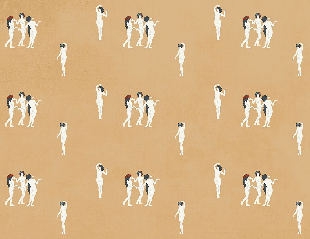 Tender girls in flower crowns patterned modern wallpaper on the orange background