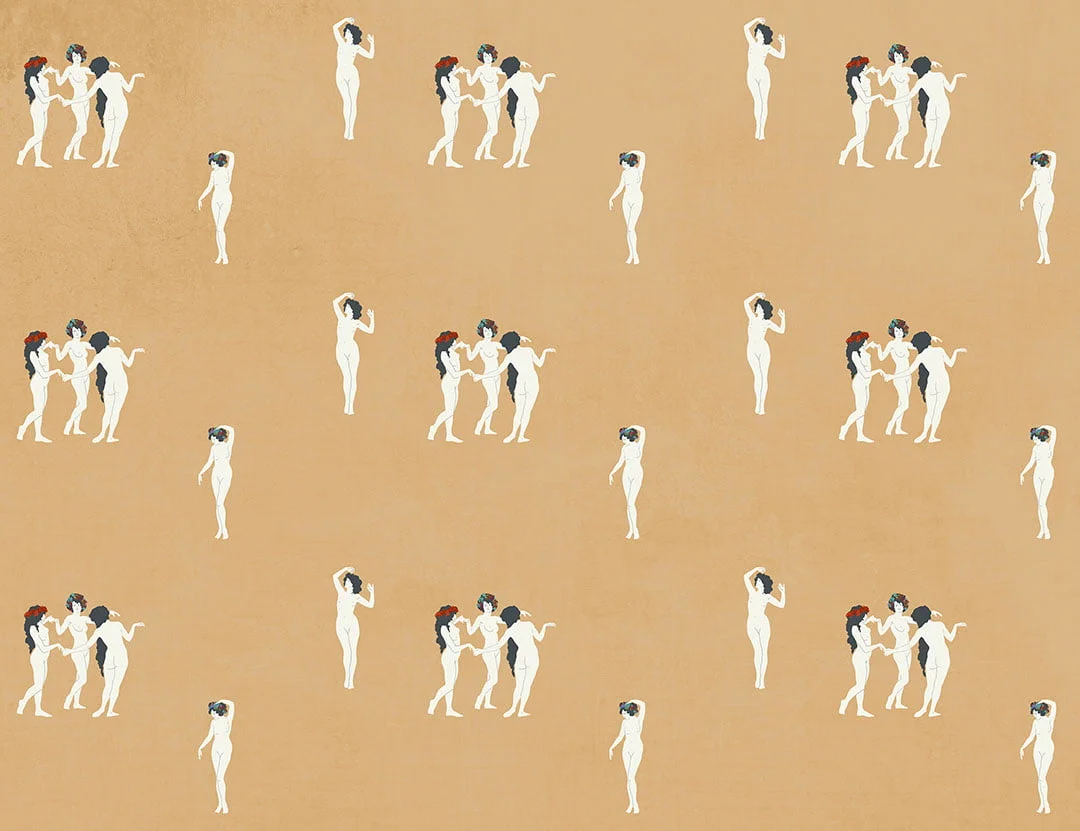 Tender girls in flower crowns patterned modern wallpaper on the orange background