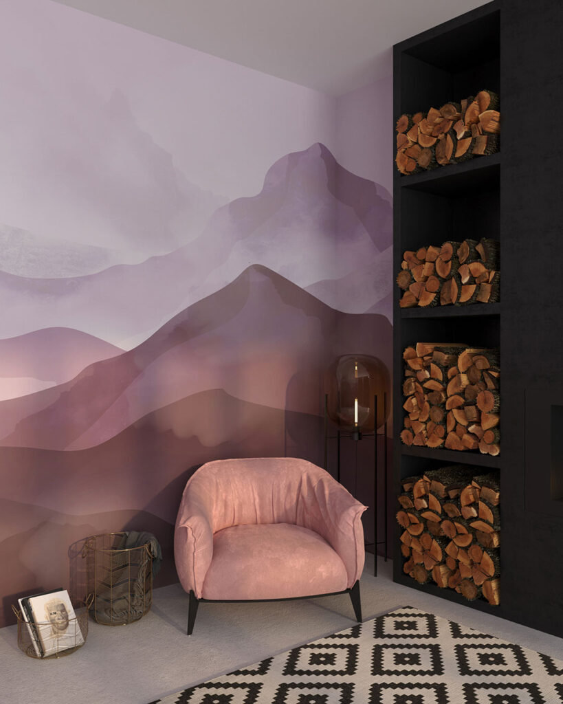 Watercolor gradient mountains wall mural for the living room