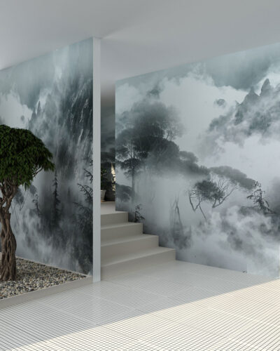 Foggy trees and rocks in gray colors wall mural for the corridor