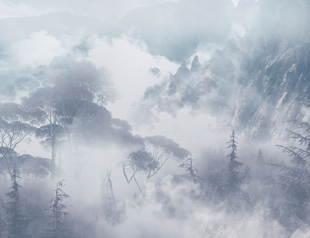 Nature wall mural with foggy trees and rocks in blue colors