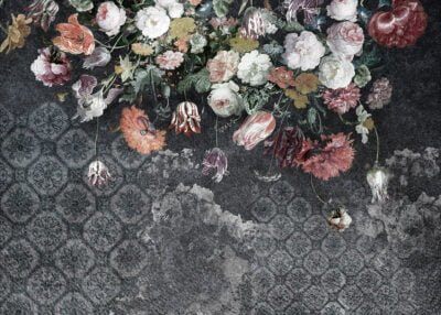 Art wall mural with Dutch still life at the patterned background in gray tones
