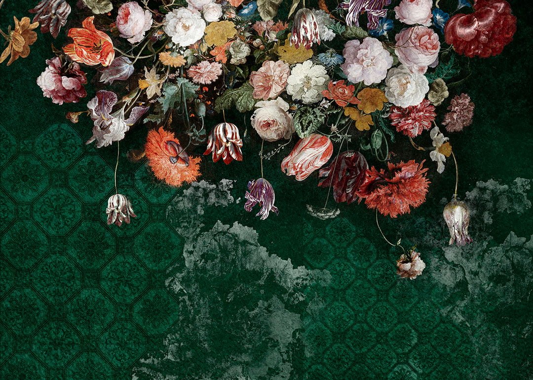 Art wall mural with Dutch still life at the patterned background in green tones