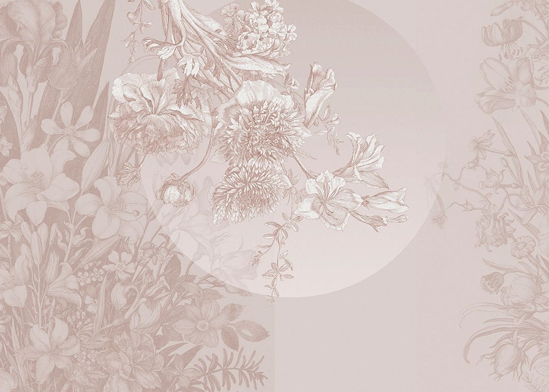 Asymmetrical wall mural with tender pink flowers and geometry