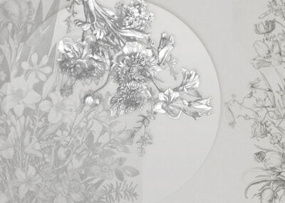 Asymmetrical wall mural with tender gray flowers and geometry