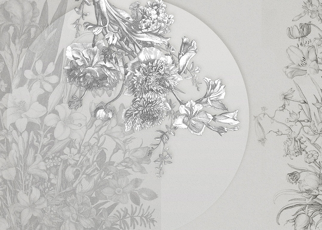 Asymmetrical wall mural with tender gray flowers and geometry