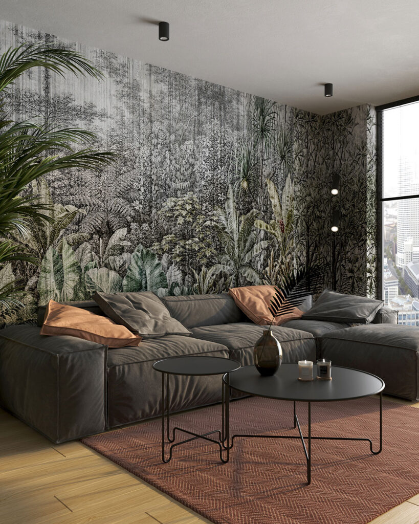 Grunge etching wall mural for the living room with tropical leaves and trees
