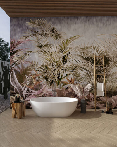 Powder-pink and tropical-green leaves wall mural for the bathroom
