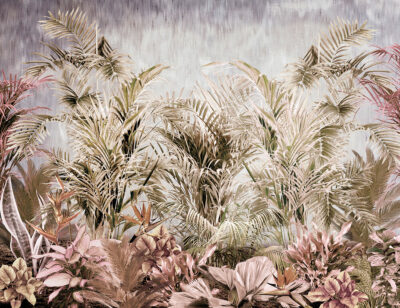 Powder-pink and tropical-green leaves wall mural