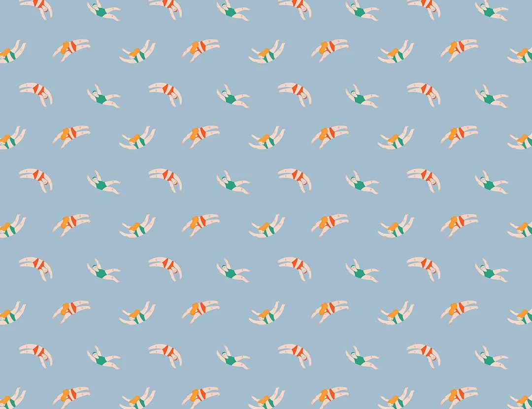 Cute little swimmers in the blue water patterned wallpaper