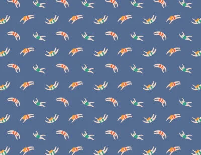 Cute little swimmers in the navy blue water patterned wallpaper