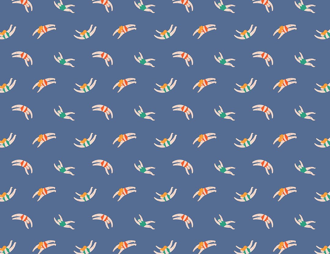 Cute little swimmers in the navy blue water patterned wallpaper