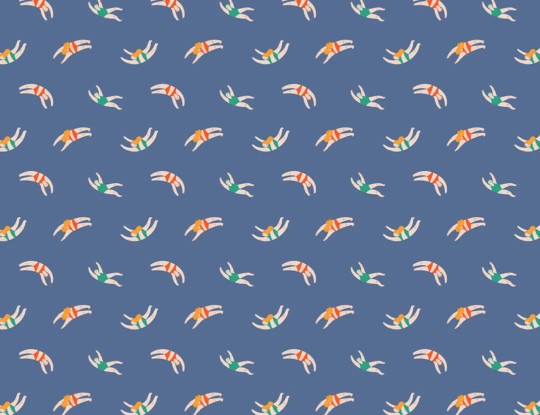 Cute little swimmers in the navy blue water patterned wallpaper