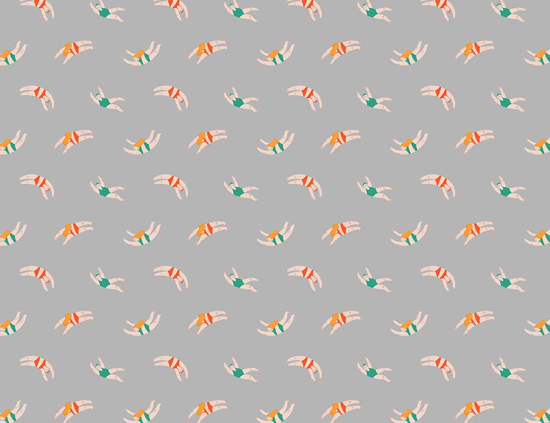 Cute little swimmers in the gray water patterned wallpaper