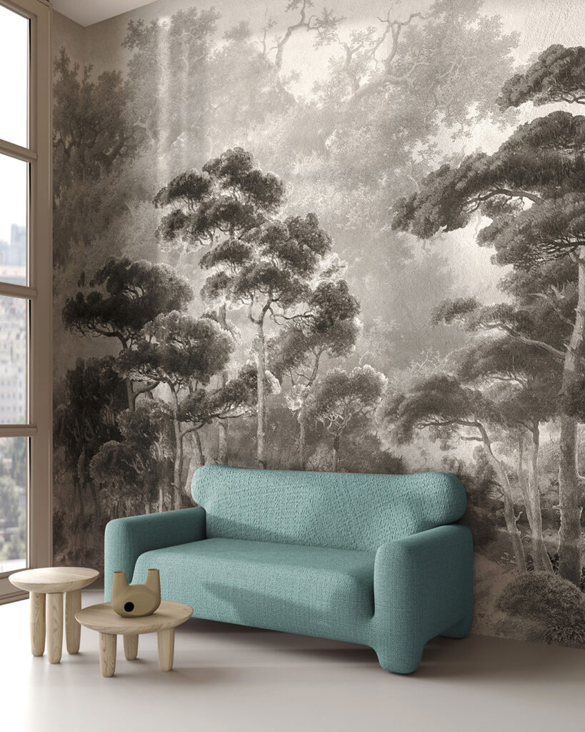 Detailed vintage dark forest wall mural for the living room