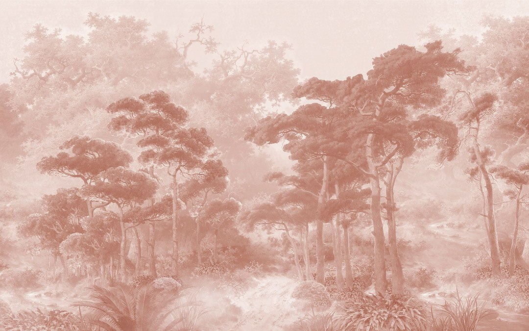 Detailed vintage red forest wall mural