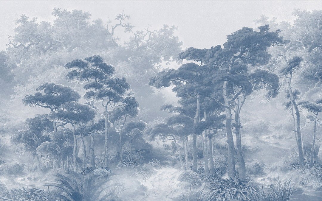 Detailed vintage blue forest wall mural