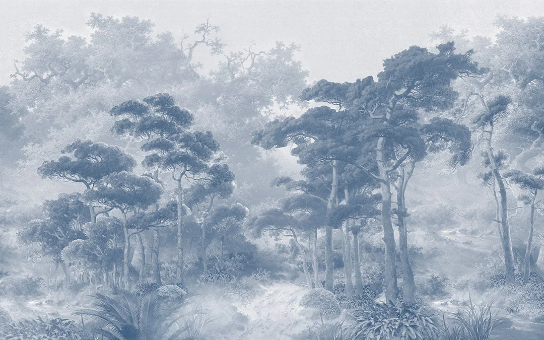 Detailed vintage blue forest wall mural