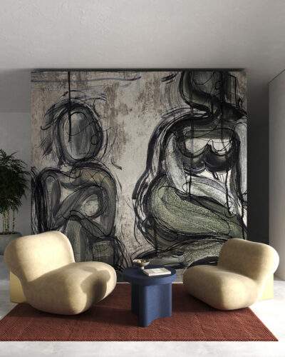 Wall mural for the living room with oil painting of two women