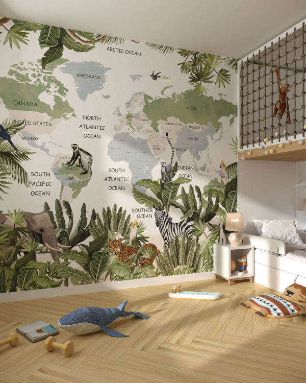 Tropical map wall mural for a children's room with elephants and zebras