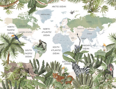 Tropical kids map wall mural with elephants and zebras