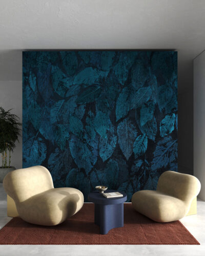 Dark hand-drawn imprints of leaves wall mural for the living room