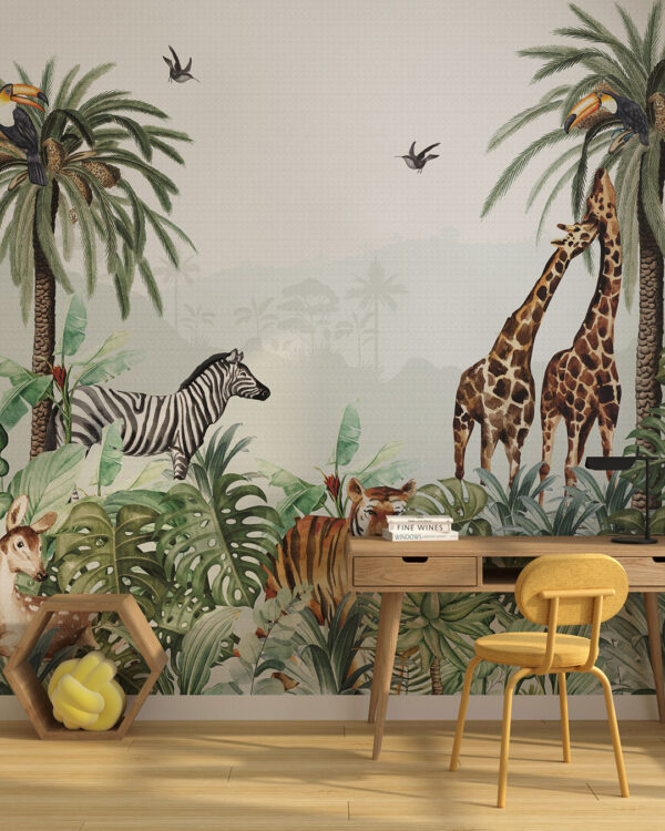 Tropical wall mural for a children's room with zebras, giraffes and other animals