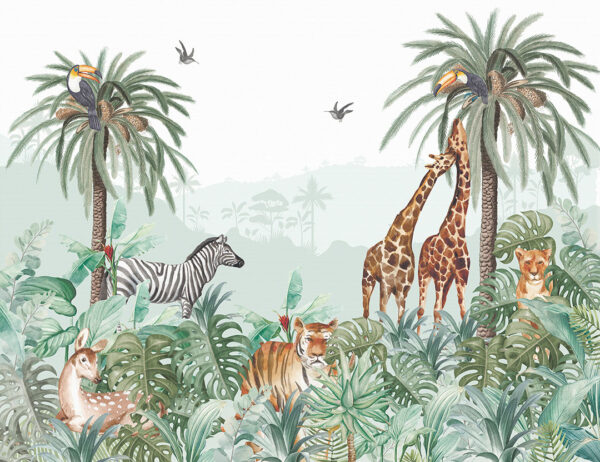 Tropical wall mural with zebras, giraffes and other animals