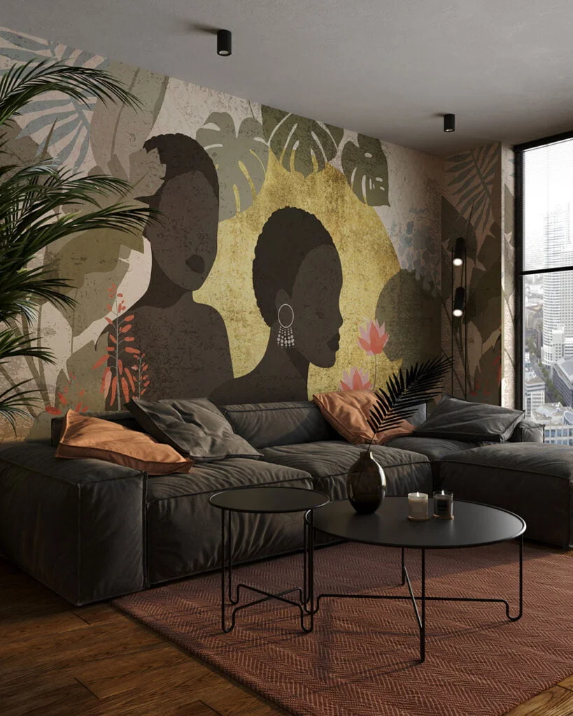 Wall Mural Salma for the living room - kith2kin.com Image of African women among tropical leaves wall mural for the living room