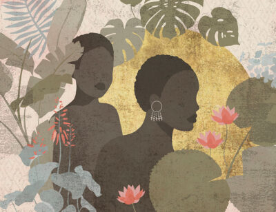 Image of African women among tropical leaves wall mural