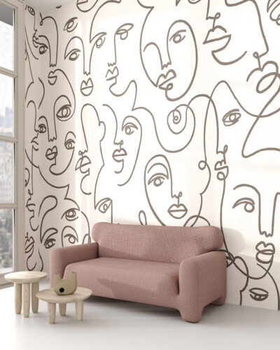 Faces line drawing wall mural for the living room