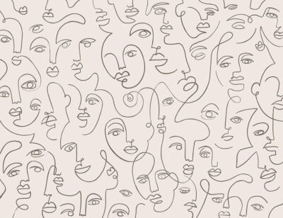 Delicate faces line drawing wall mural in black and white