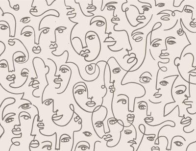 Faces line drawing wall mural in black and white