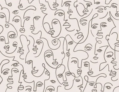 Faces line drawing wall mural in black and white