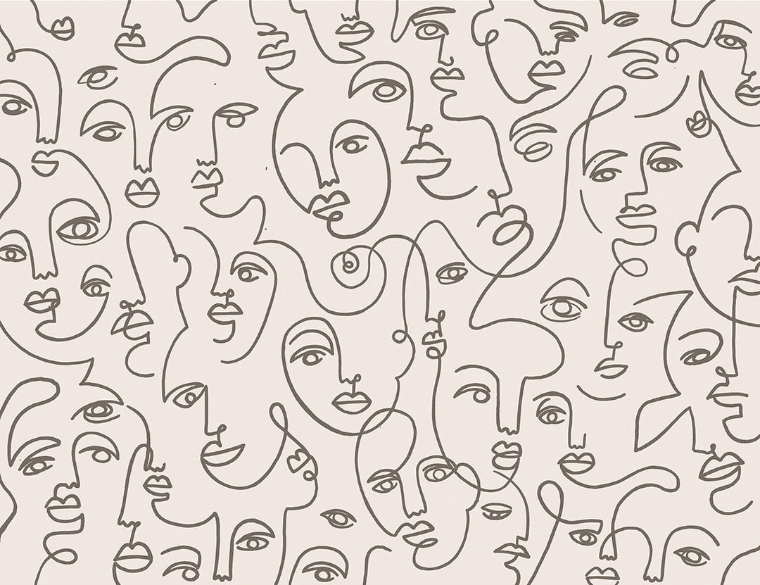 Faces line drawing wall mural in black and white