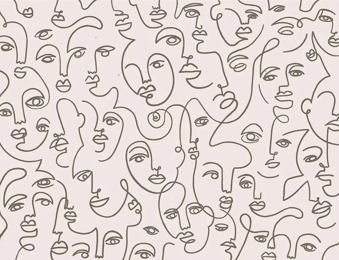 Faces line drawing wall mural in black and white