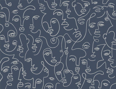 Modern wall mural with line drawing faces on the navy blue background
