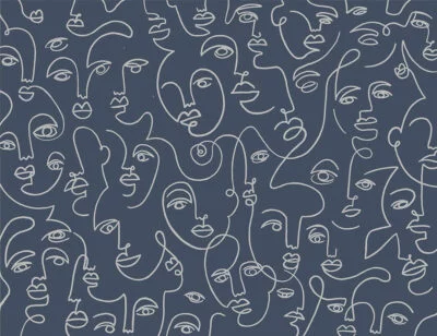 Modern wall mural with line drawing faces on the navy blue background
