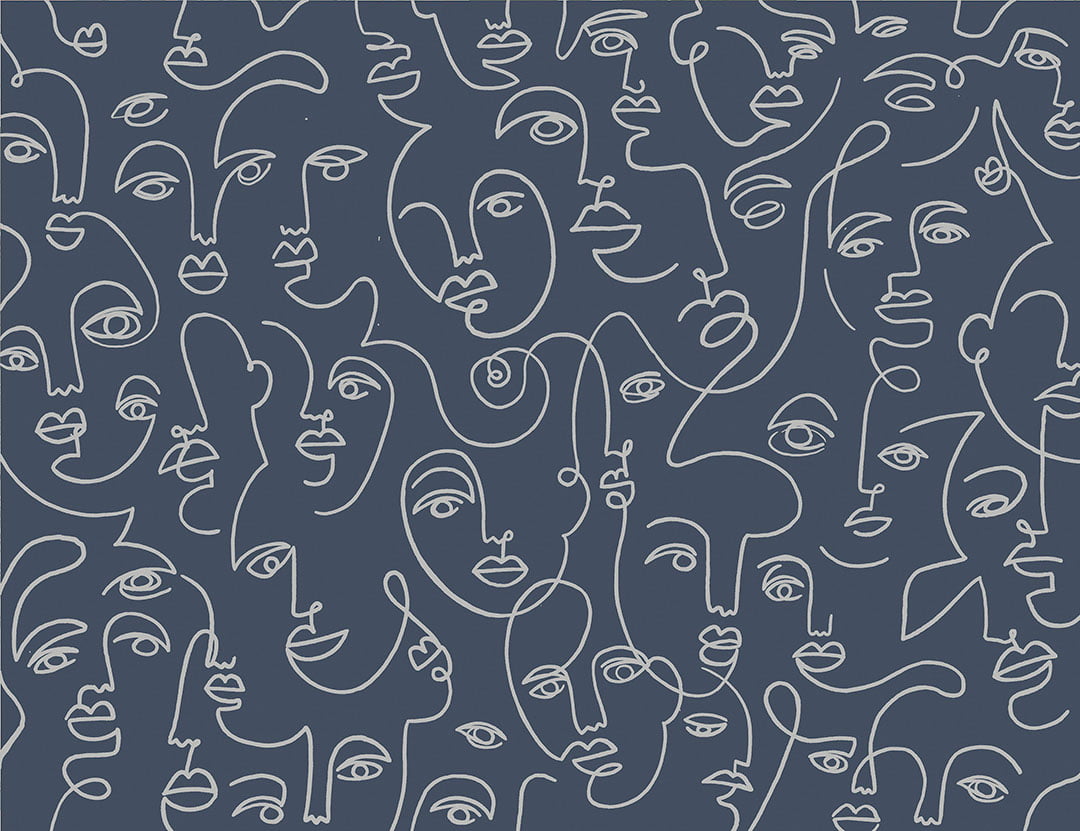 Modern wall mural with line drawing faces on the navy blue background