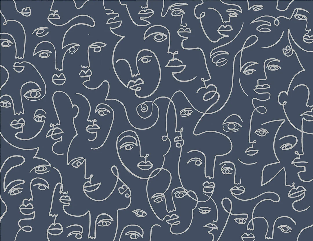 Modern wall mural with line drawing faces on the navy blue background