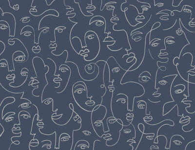 Modern wall mural with delicate line drawing faces on the navy blue background