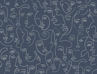 Modern wall mural with delicate line drawing faces on the navy blue background