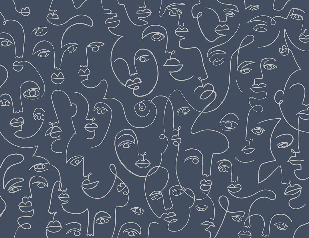 Modern wall mural with delicate line drawing faces on the navy blue background