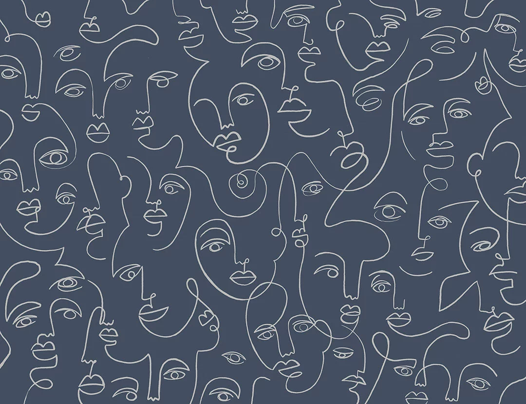 Modern wall mural with delicate line drawing faces on the navy blue background