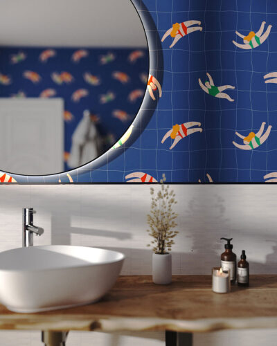 Little swimmers on a checkered background patterned wallpaper for the bathroom