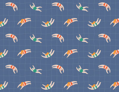 Little swimmers on a checkered navy blue background patterned wallpaper