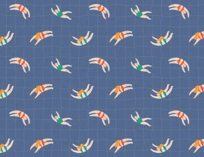 Little swimmers on a checkered navy blue background patterned wallpaper