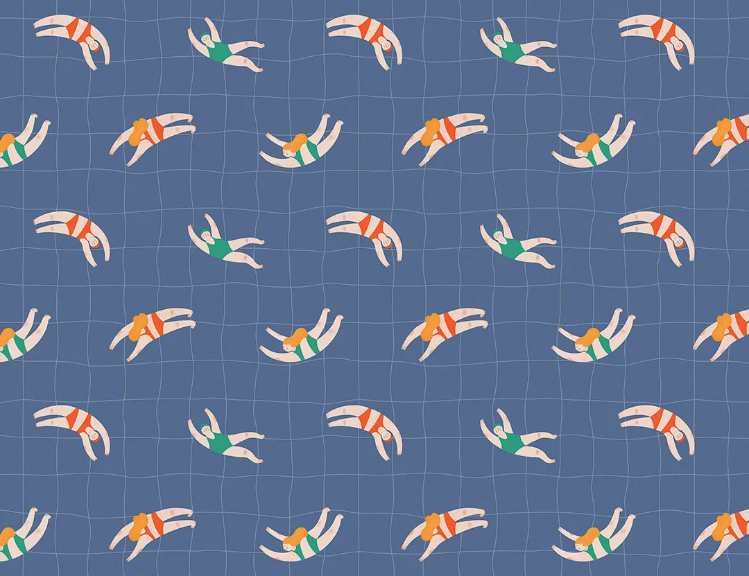 Little swimmers on a checkered navy blue background patterned wallpaper